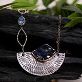 Handmade Blue Sapphire Pendant Necklace with Oxidized Silver Fan Engraving, Elegant Gemstone Jewelry on Sterling Silver Chain