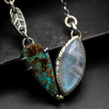 Handmade Moonstone, Turquoise & Kyanite Pendant Necklace – Sterling Silver Bezel Setting, Boho Gemstone Jewelry, Unique Trio Stone Design