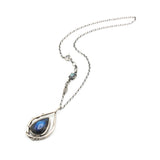 Labradorite teardrop cabochon pendant necklace set in silver bezel setting with a silver vine accent on a sterling silver chain