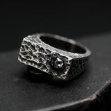 Handmade Sterling Silver Signet Ring with Rough Diamond and 0.10 ct Diamond – Hammered Textured Band, Unique Oxidized Finish