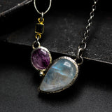 Moonstone, Ruby and green tourmaline pendant necklace in silver bezel setting