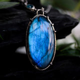 Handmade Oval Natural Labradorite Pendant Necklace with Silver Leaf & Marquise Paraiba Kyanite Accents – Sterling Silver Chain