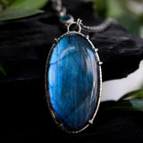 Handmade Oval Natural Labradorite Pendant Necklace with Silver Leaf & Marquise Paraiba Kyanite Accents – Sterling Silver Chain