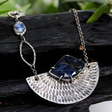 Handmade Blue Sapphire Pendant Necklace with Oxidized Silver Fan Engraving, Elegant Gemstone Jewelry on Sterling Silver Chain