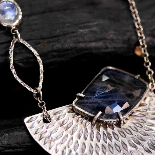 Handmade Blue Sapphire Pendant Necklace with Oxidized Silver Fan Engraving, Elegant Gemstone Jewelry on Sterling Silver Chain