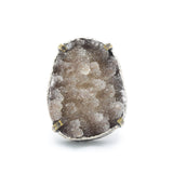 Teardrop brown raw druzy ring in silver bezel and brass prongs setting with sterling silver oxidized band