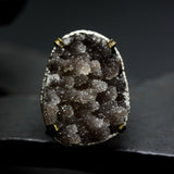 Teardrop brown raw druzy ring in silver bezel and brass prongs setting with sterling silver oxidized band