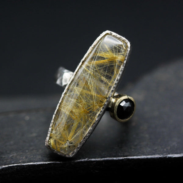 Rectangle golden rutilated quartz ring with black spinel in bezel setting with sterling silver texture oxidized band