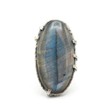 Oval blue/gray natural Labradorite cocktail ring with sterling silver band