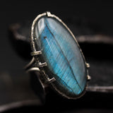 Oval blue/gray natural Labradorite cocktail ring with sterling silver band