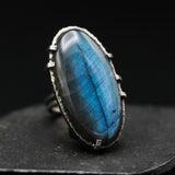 Oval blue/gray natural Labradorite cocktail ring with sterling silver band