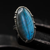 Oval blue/gray natural Labradorite cocktail ring with sterling silver band