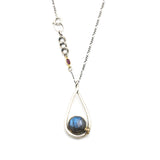 Labradorite round faeted pendant necklace set in silver bezel setting with a silver vine accent on a sterling silver chain