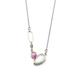 Moonstone, Ruby and green tourmaline pendant necklace in silver bezel setting