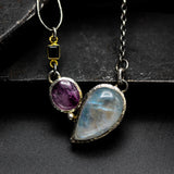 Moonstone, Ruby and green tourmaline pendant necklace in silver bezel setting