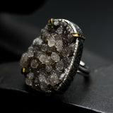 Teardrop brown raw druzy ring in silver bezel and brass prongs setting with sterling silver oxidized band