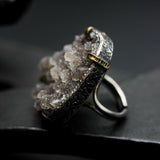 Teardrop brown raw druzy ring in silver bezel and brass prongs setting with sterling silver oxidized band