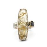 Rectangle golden rutilated quartz ring with black spinel in bezel setting with sterling silver texture oxidized band