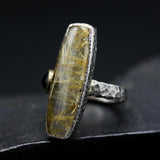 Rectangle golden rutilated quartz ring with black spinel in bezel setting with sterling silver texture oxidized band