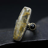 Rectangle golden rutilated quartz ring with black spinel in bezel setting with sterling silver texture oxidized band