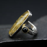 Rectangle golden rutilated quartz ring with black spinel in bezel setting with sterling silver texture oxidized band