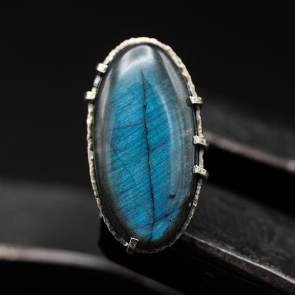 Oval blue/gray natural Labradorite cocktail ring with sterling silver band