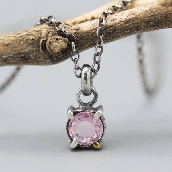 Dainty Pink Spinel Pendant Necklace Sterling Silver Bezel and Prong Setting on Delicate Silver Chain