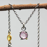 Dainty Pink Spinel Pendant Necklace Sterling Silver Bezel and Prong Setting on Delicate Silver Chain