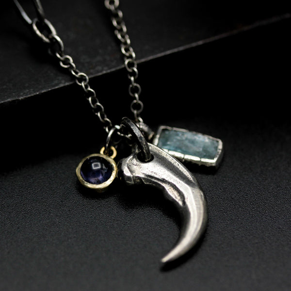 Kyanite, Iolite and silver fang pendant necklace with sterling silver chain