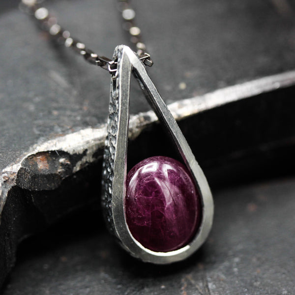 Silver teardrop pendant with ruby gemstone set with sterling silver chain necklace