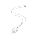 Moonstone teardrop cabochon pendant necklace in silver bezel and prongs setting with silver vine design on sterling silver chain