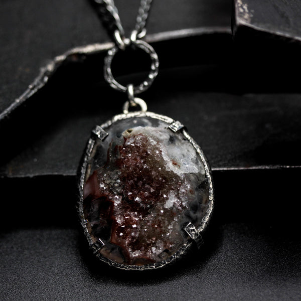 Red Druzy Statement Pendant Necklace Pink Sapphire Accents on Sterling Silver Chain