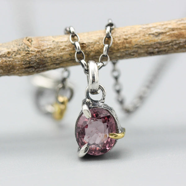Deep Pink Spinel Pendant Necklace  Sterling Silver Bezel and Prong Setting