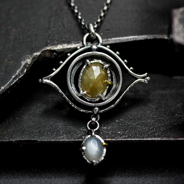 The eye of Peace necklace, yellow Sapphire and Moonstone with sterling silver chain