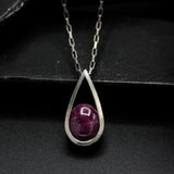 Silver teardrop pendant with Natural red ruby gemstone set with sterling silver chain necklace