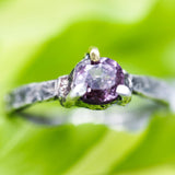 Purpleish spinel ring in silver and brass prongs setting with sterling silver texture band