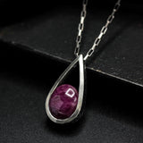 Silver teardrop pendant with Natural red ruby gemstone set with sterling silver chain necklace