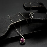 Silver teardrop pendant with Natural red ruby gemstone set with sterling silver chain necklace