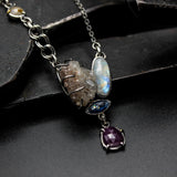 Celestial Harmony Gemstone Pendant Necklace  Rock Crystal, Moonstone, Kyanite and Ruby