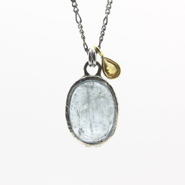 Light Blue Kyanite Oval Pendant Necklace with Tourmaline Drop