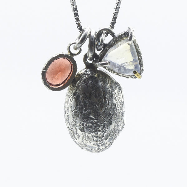 Textured Silver Locket Necklace with Moonstone and Red Accent Stone
