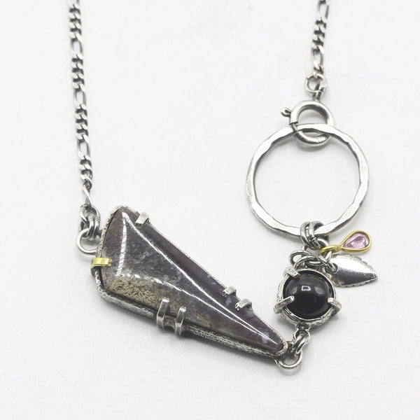 Moss Agate Kite Pendant Necklace with Black Star and Pink Tourmaline