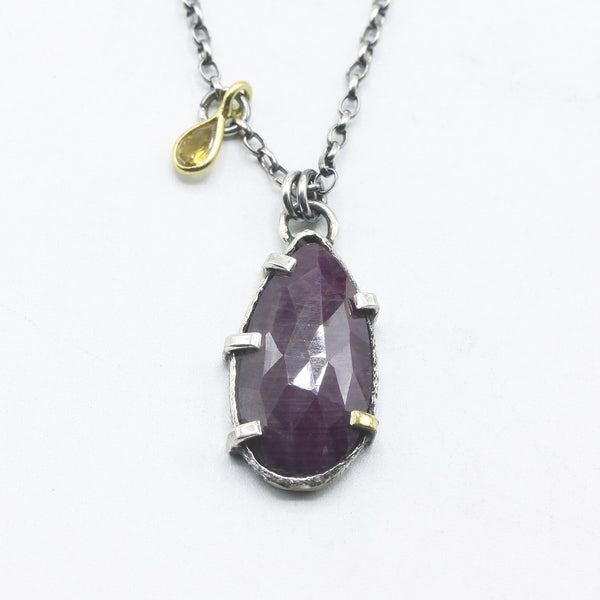 Natural Ruby Teardrop Pendant Necklace with Yellow Tourmaline Drop