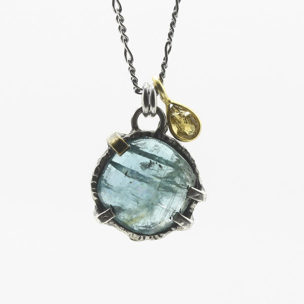 Round Paraiba Kyanite Pendant Necklace with Tourmaline Drop