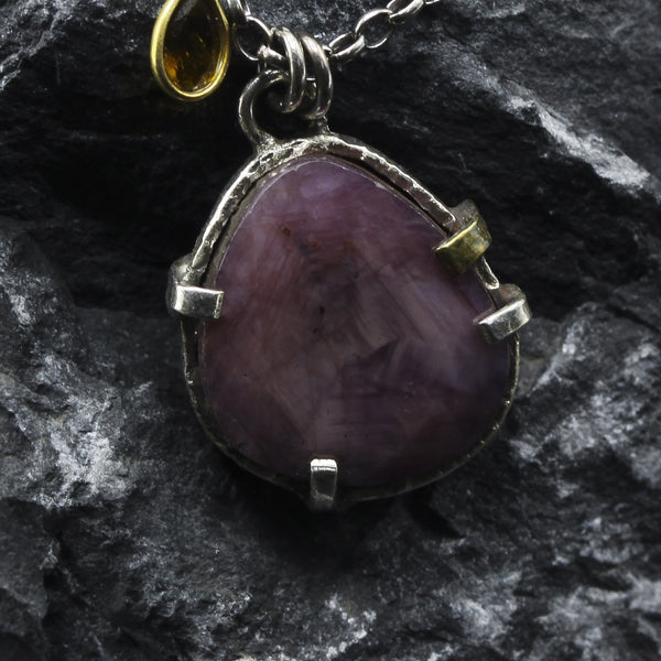 Freeform Pink Sapphire Pendant Necklace with Tourmaline Drop