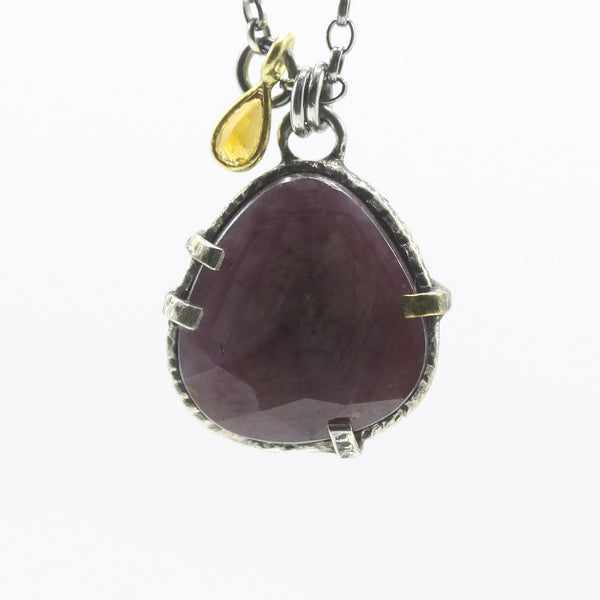 Rounded Triangle Pink Sapphire Pendant Necklace with Tourmaline Drop