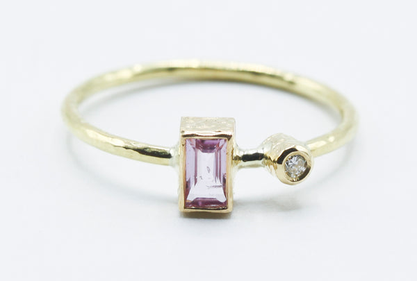 Rectangular pink stone ring in 18k gold with clear accent — view 1