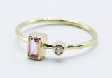 Rectangular pink stone ring in 18k gold with clear accent — view 2