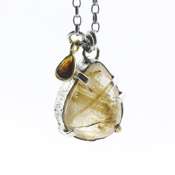 Rutilated Quartz Pendant Necklace with Orange Tourmaline Drop