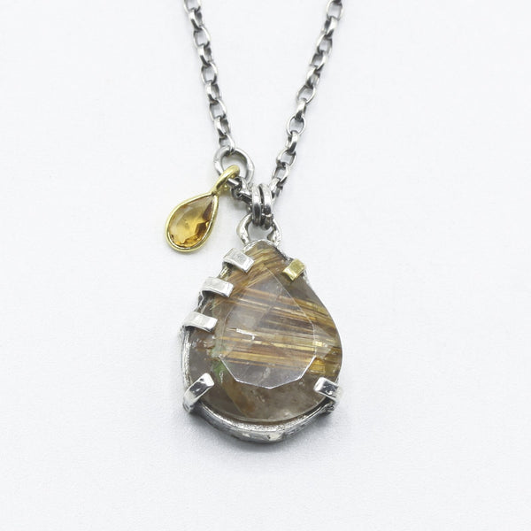 Rutilated Quartz Teardrop Pendant Necklace with Tourmaline Drop